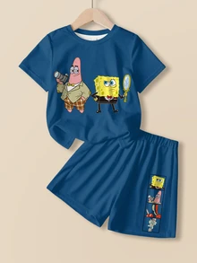SpongeBob SquarePants | SHEIN 小男孩卡通圖案休閒T恤短褲套裝 - 白色 - 查看 1