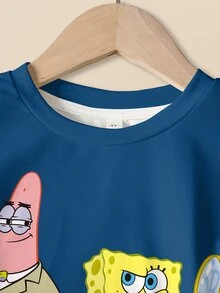 SpongeBob SquarePants | SHEIN 小男孩卡通圖案休閒T恤短褲套裝 - 白色 - 查看 3