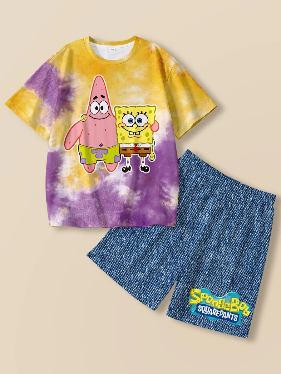 SpongeBob SquarePants | SHEIN Young Boy Tie-Dye Cartoon Print T-Shirt And Shorts Set - White - View 1