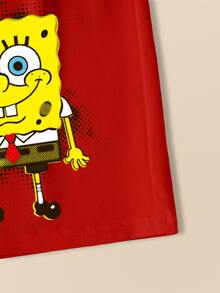 SpongeBob SquarePants | SHEIN 大童男孩拼色拼接卡通印花T恤短褲套裝 - 白色 - 查看 6
