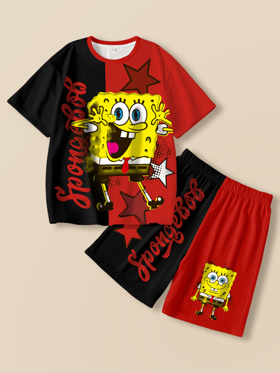SpongeBob SquarePants | SHEIN Tween Boy Colorblock Patchwork Cartoon Print T-Shirt And Shorts Set