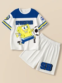 SpongeBob SquarePants | SHEIN Tween Boy Colorblock Cartoon Print T-Shirt & Shorts Set - White - View 1