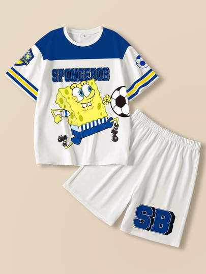 SpongeBob SquarePants | SHEIN Conjunto de camiseta y pantalones cortos con estampado de dibujos animados y bloques de color para niño preadolescente