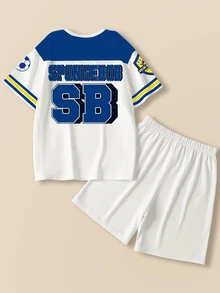 SpongeBob SquarePants | SHEIN Tween Boy Colorblock Cartoon Print T-Shirt & Shorts Set - White - View 2