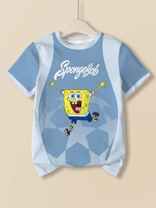 SpongeBob SquarePants | SHEIN 青少年男孩圓領短袖休閒百搭T恤 - 白色 - 查看 1