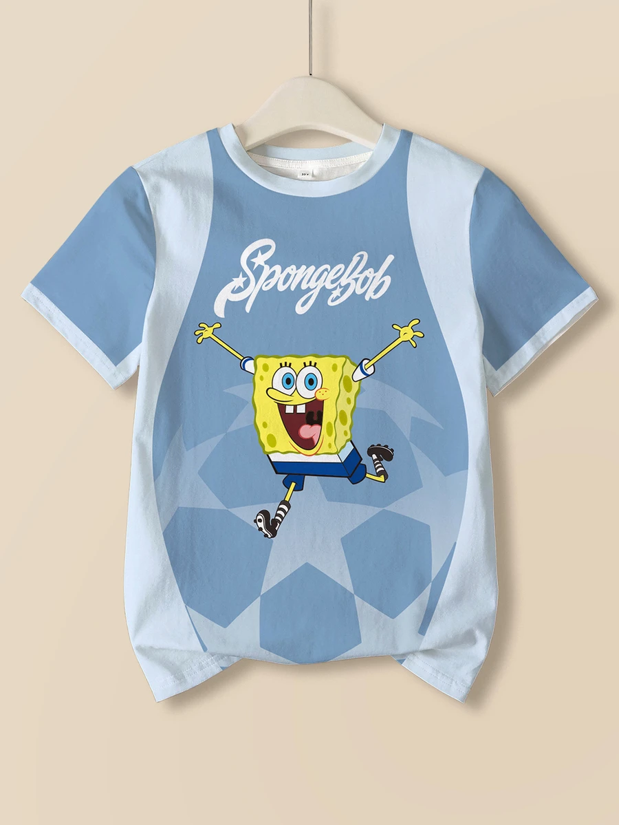 SpongeBob SquarePants | SHEIN 青少年男孩圓領短袖休閒百搭T恤 - 白色 - 查看 1