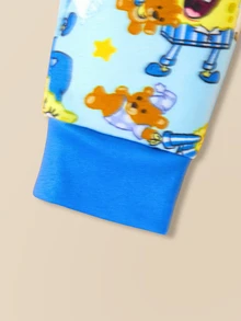 SpongeBob SquarePants | SHEIN 2pcs Baby Boy Cartoon Print Crew Neck Long Sleeve Top And Pants Knit Comfortable Casual Stretchy Pajama Set - Multicolor - View 5