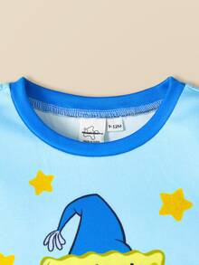 SpongeBob SquarePants | SHEIN 2pcs Baby Boy Cartoon Print Crew Neck Long Sleeve Top And Pants Knit Comfortable Casual Stretchy Pajama Set - Multicolor - View 3