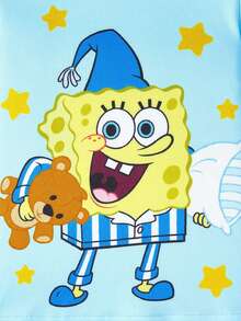 SpongeBob SquarePants | SHEIN 2pcs Baby Boy Cartoon Print Crew Neck Long Sleeve Top And Pants Knit Comfortable Casual Stretchy Pajama Set - Multicolor - View 4