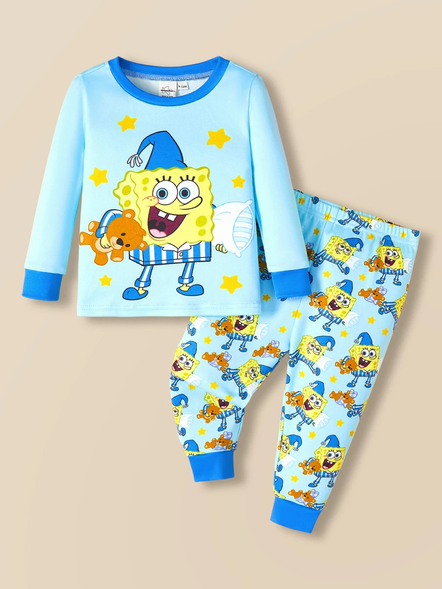 SpongeBob SquarePants | SHEIN 2pcs Baby Boy Cartoon Print Crew Neck Long Sleeve Top And Pants Knit Comfortable Casual Stretchy Pajama Set - Multicolor - View 1