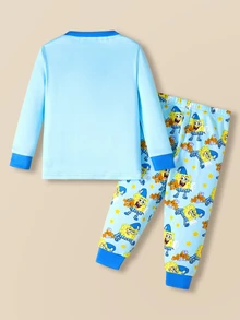 SpongeBob SquarePants | SHEIN 2pcs Baby Boy Cartoon Print Crew Neck Long Sleeve Top And Pants Knit Comfortable Casual Stretchy Pajama Set - Multicolor - View 2