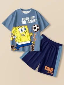 SpongeBob SquarePants | SHEIN Young Boy Cartoon Print Crew Neck Short Sleeve T-Shirt And Contrast Color Shorts Set - White - View 1