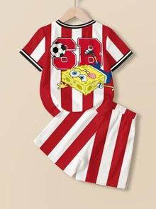 SpongeBob SquarePants | SHEIN 小男孩拼色條紋卡通印花T恤短褲套裝 - 白色 - 查看 2