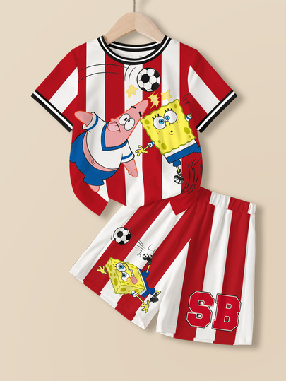 SpongeBob SquarePants | SHEIN Set T-shirt dan Seluar Pendek Budak Lelaki Muda dengan Corak Kartun Berjalur Blok Warna