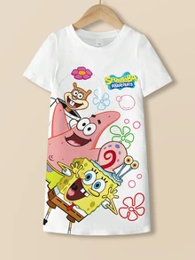 SpongeBob SquarePants | SHEIN Young Girl Summer Casual Cartoon Print Dress - White - View 1