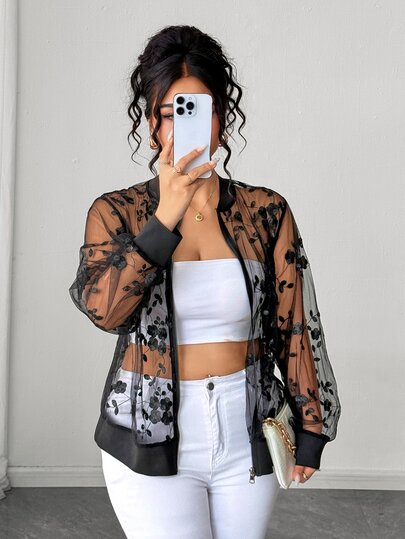 Elenzga Chaqueta de talla grande para mujer, nueva para otoño/invierno, negra, de malla con bordado floral, con abertura frontal, cuello con cremallera, manga larga, ajuste regular, protección solar. Casual. Cita. Vacaciones.