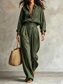 SHEIN Setelan Kemeja Mirip Linen dan Celana Panjang Lebar Gaya Klasik untuk Wanita, Warna Hijau Army, Pinggang Tinggi, Pas dan Nyaman. - Hijau Tentara - View 2