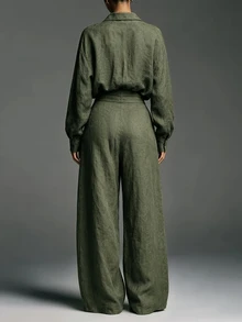 SHEIN Setelan Kemeja Mirip Linen dan Celana Panjang Lebar Gaya Klasik untuk Wanita, Warna Hijau Army, Pinggang Tinggi, Pas dan Nyaman. - Hijau Tentara - View 3