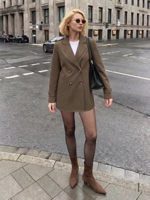 SHEIN LUNE 翻領雙排扣大衣 辦公商務風 棕色 秋季休閒 - 咖啡棕 - 查看 5