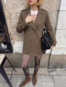 SHEIN LUNE 翻領雙排扣大衣 辦公商務風 棕色 秋季休閒 - 咖啡棕 - 查看 7