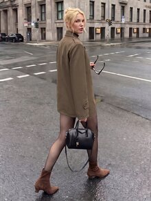 SHEIN LUNE 翻領雙排扣大衣 辦公商務風 棕色 秋季休閒 - 咖啡棕 - 查看 2