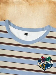 HARRY POTTER X SHEIN Kaos Kasual Lengan Pendek Leher Bulat Motif Garis Huruf untuk Wanita Ukuran Besar - Putih - View 5