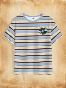 HARRY POTTER X SHEIN Kaos Kasual Lengan Pendek Leher Bulat Motif Garis Huruf untuk Wanita Ukuran Besar - Putih - View 3