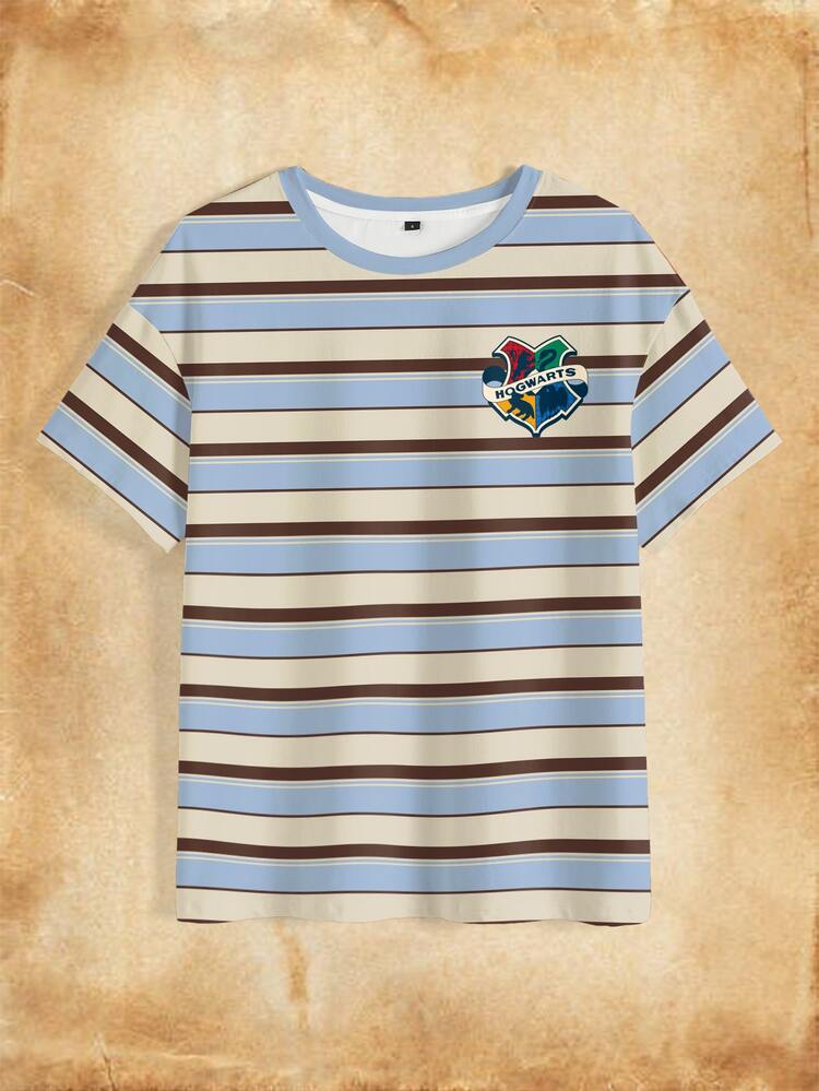 HARRY POTTER X SHEIN Plus Size Women's Letter Striped Print Round Neck Short Sleeve Casual T-Shirt - White - View 3