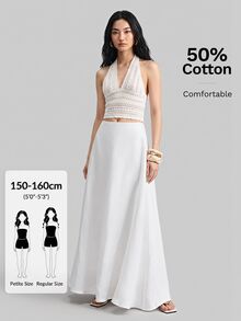 Ontre Petite PETITE 2026SS 新款亞麻混紡女款裙，純色寬鬆版型，白色大 A 字裙附口袋，適合辦公室、野餐穿著，百搭優雅高貴，秋季 - 白色 - 查看 2