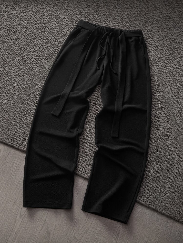 Mainfolk Men's Casual Versatile Solid Color Long Pants With Belt - Black - View 1