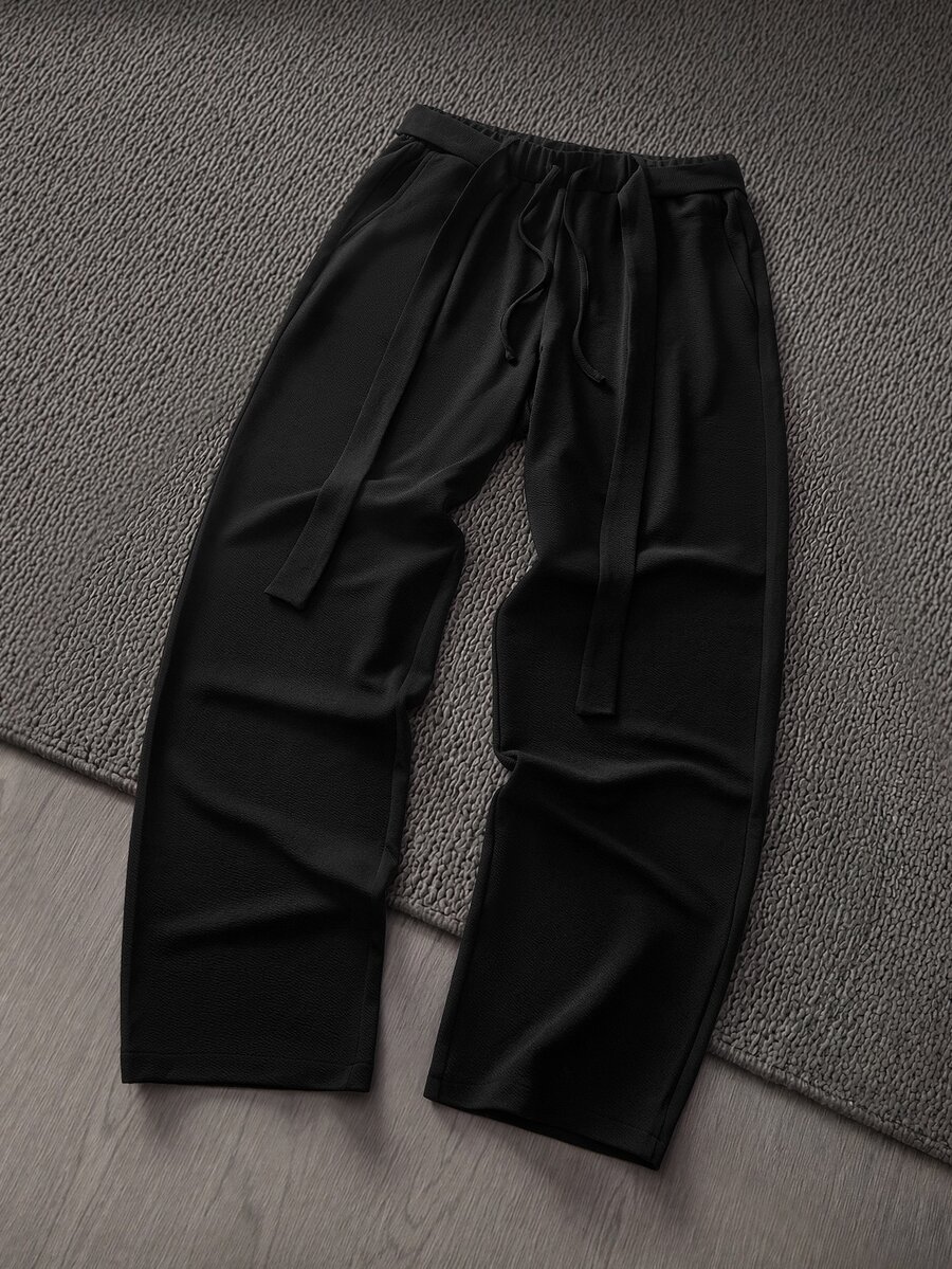 Mainfolk Men's Casual Versatile Solid Color Long Pants With Belt - Black - View 1