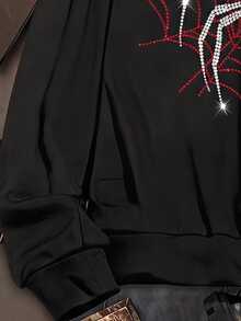SHEIN EZwear 秋季新款女款水鑽蜘蛛印花休閒哥德街頭風復古前拉鍊毛領連帽衛衣，萬聖節，黑紅配色 - 黑色 - 查看 3