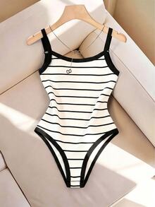 Franclia Plus Size Women's Summer Casual Striped Spaghetti Strap Bodysuit - White - View 1