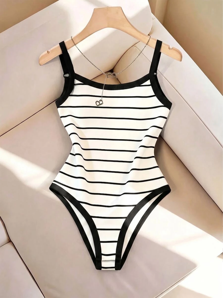 Franclia Plus Size Women's Summer Casual Striped Spaghetti Strap Bodysuit - White - View 1