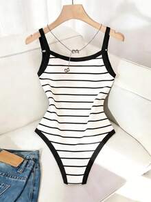 Franclia Plus Size Women's Summer Casual Striped Spaghetti Strap Bodysuit - White - View 3