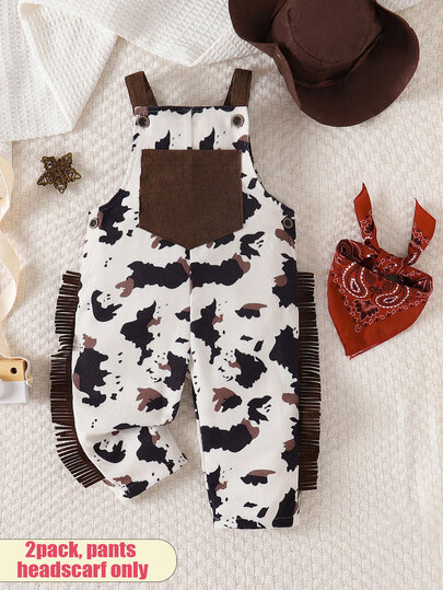 SHEIN Toddler Boys'Western Style Cowboy Jumpsuit Black And White Ranch Pattern Overalls With Fringe Red Bandana & Hat Cute Autumn Photoshoot Outfit Set