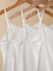 Atasan Tank Top Camisole Renda Kontras Warna Polos untuk Remaja Perempuan, Pakaian Dalam Babydoll Musim Panas Putih - Putih - View 4
