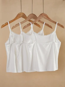 Atasan Tank Top Camisole Renda Kontras Warna Polos untuk Remaja Perempuan, Pakaian Dalam Babydoll Musim Panas Putih - Putih - View 2