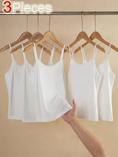 Teen Girl Solid Color Contrast Lace Camisole Tank Top Underwear White Summer Babydoll