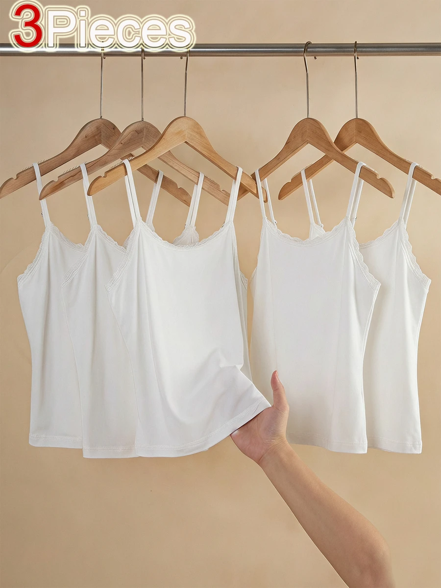 Atasan Tank Top Camisole Renda Kontras Warna Polos untuk Remaja Perempuan, Pakaian Dalam Babydoll Musim Panas Putih - Putih - View 1