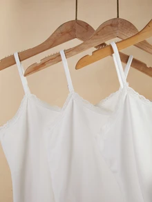 Atasan Tank Top Camisole Renda Kontras Warna Polos untuk Remaja Perempuan, Pakaian Dalam Babydoll Musim Panas Putih - Putih - View 6