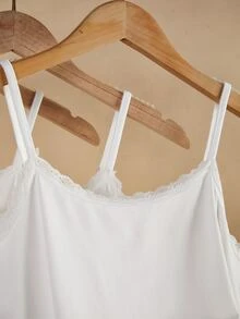 Atasan Tank Top Camisole Renda Kontras Warna Polos untuk Remaja Perempuan, Pakaian Dalam Babydoll Musim Panas Putih - Putih - View 7