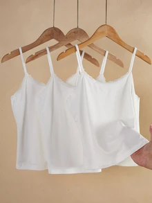 Atasan Tank Top Camisole Renda Kontras Warna Polos untuk Remaja Perempuan, Pakaian Dalam Babydoll Musim Panas Putih - Putih - View 3