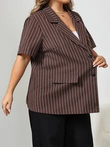 SHEIN CURVE+ Plus Size Women's Leopard Print Lapel Long Sleeve Single-Breasted Casual Blazer, Casual Commute, Suitable For Autumn/Winter - Brown - View 3