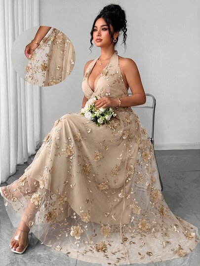 Elenzga Plus Size Women's Woven Elegant Romantic Gentle Style Khaki Summer Halter Neck Deep Shirred Sleeveless Shirred Back Sexy Mesh Floral Heavy Embroidery 3D Flower Applique Flowy Double Layer Back Gathered Extra Long Dress Suitable For Dating, Holiday, Vacation, Beach And Other Summer Occasions