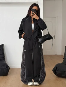 Coolane 女款秋冬街頭風休閒外出運動服日常穿搭 豹紋黑色圖案寬鬆長袖夾克與拼色長褲 2件組 - 黑色 - 查看 5