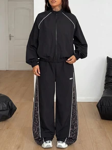 Coolane 女款秋冬街頭風休閒外出運動服日常穿搭 豹紋黑色圖案寬鬆長袖夾克與拼色長褲 2件組 - 黑色 - 查看 4