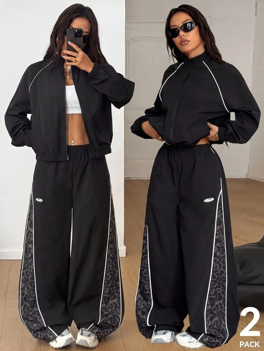 Coolane 女款秋冬街頭風休閒外出運動服日常穿搭 豹紋黑色圖案寬鬆長袖夾克與拼色長褲 2件組 - 黑色 - 查看 1