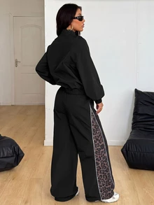 Coolane 女款秋冬街頭風休閒外出運動服日常穿搭 豹紋黑色圖案寬鬆長袖夾克與拼色長褲 2件組 - 黑色 - 查看 6