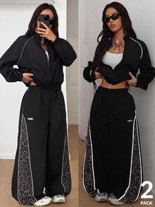 Coolane 女款秋冬街頭風休閒外出運動服日常穿搭 豹紋黑色圖案寬鬆長袖夾克與拼色長褲 2件組 - 黑色 - 查看 3